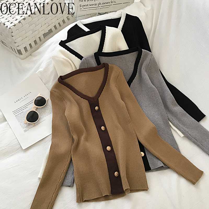 

OCEANLOVE Striped Contrast Color Pullovers Button 2020 Spring Korean Ropa Mujer Long Sleeve Slim Women Sweaters V Neck 14004, Black