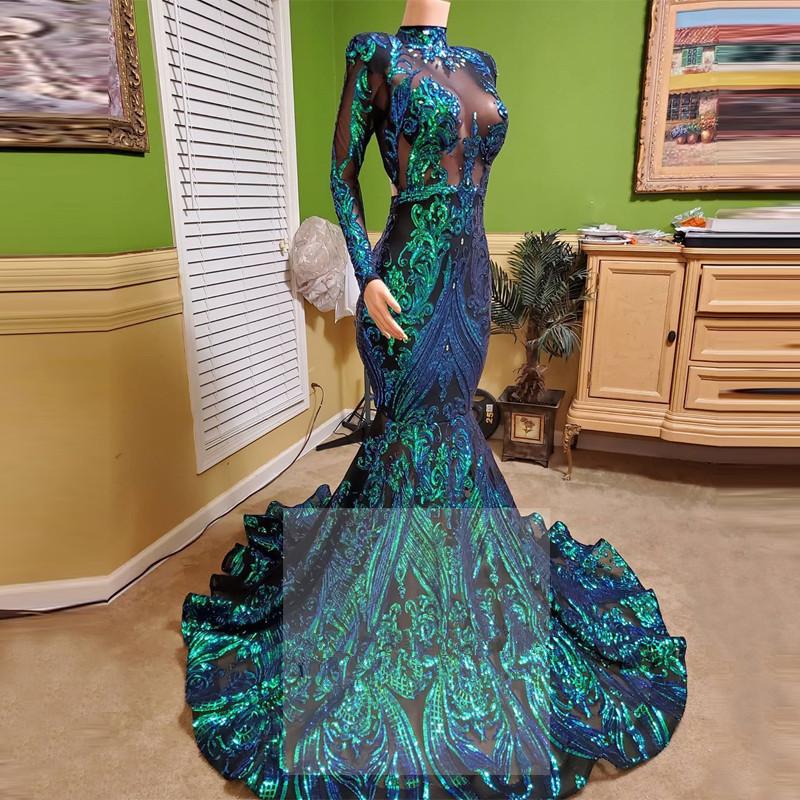 

Long Sleeve High Neck Prom Gown Emerald Green Lace Mermaid Evening Dress 2020 Formal Gowns 2020 Beaded vestido sirena largo, Blue