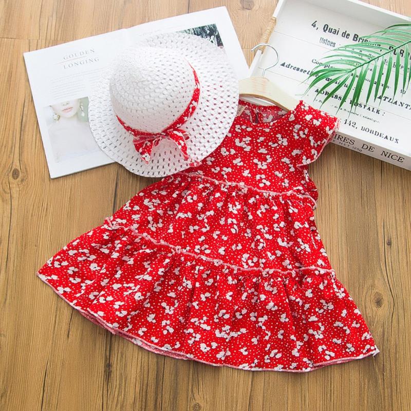

TELOTUNY dress Baby Kids Girls Sleeveless Ruffle Floral Printed princess Cake Dress With Hat Outfit Set baby summer 2020, Red