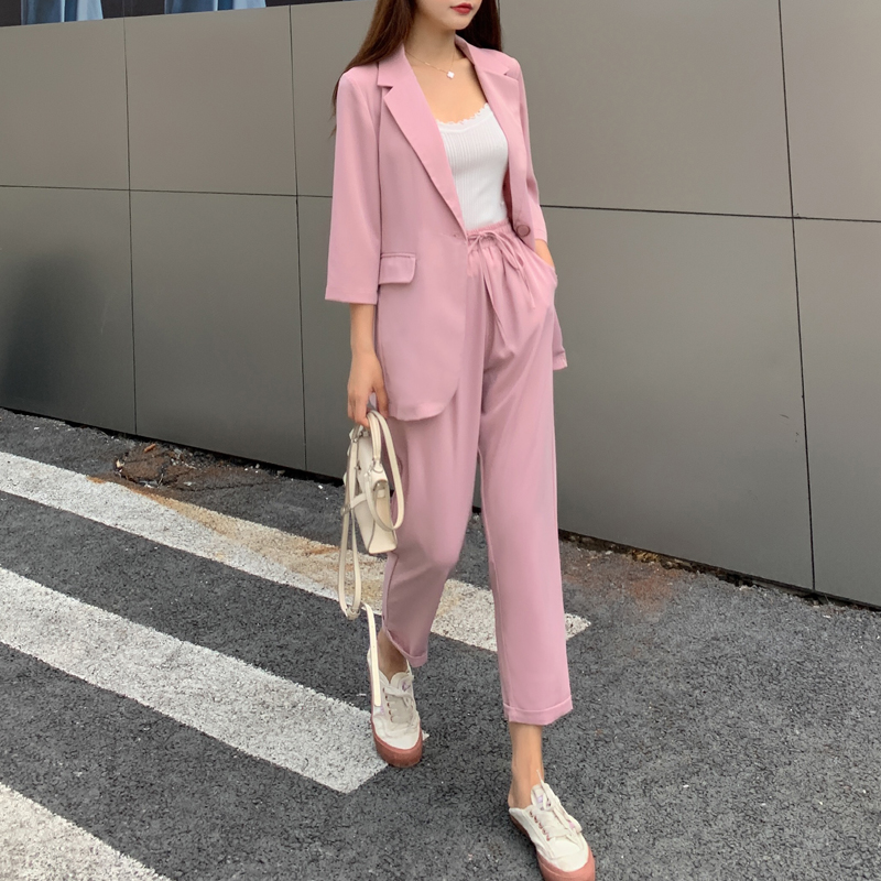 

Summer Women 2 Pieces Set Casual Single Button Blazer Jacket & Elastic Waist Pant Female Blazer Pant Suit 2020 outfits, Pink