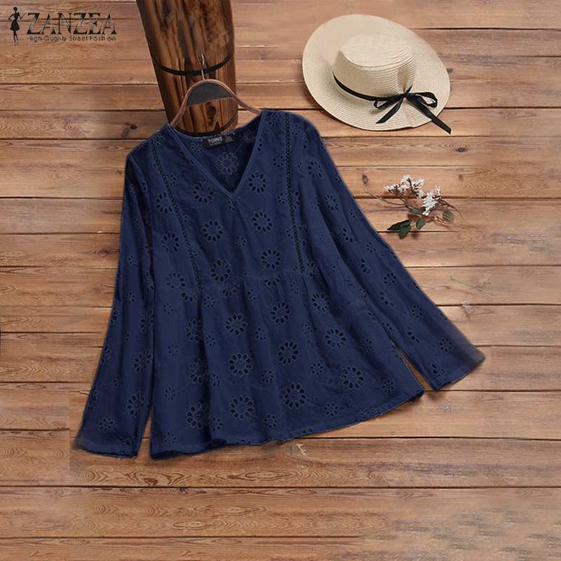 

2020 ZANZEA Spring Women V Neck Long Sleeve Shirt Embroidered Tops Casual Solid Blusas Female Hollow Out Blouse Elegant Chemise, Pink
