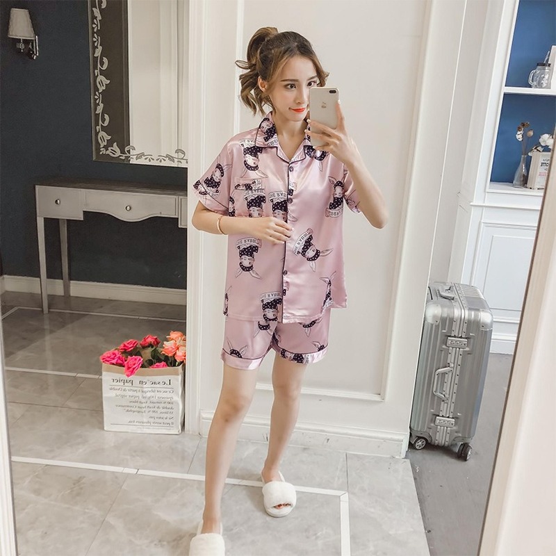 

Summer Pajamas For Women Cartoon Print Girls Faux Silk Two Pieces Shirts + Pants Nighties Sleepwear Set Home Wear Tops, Model d