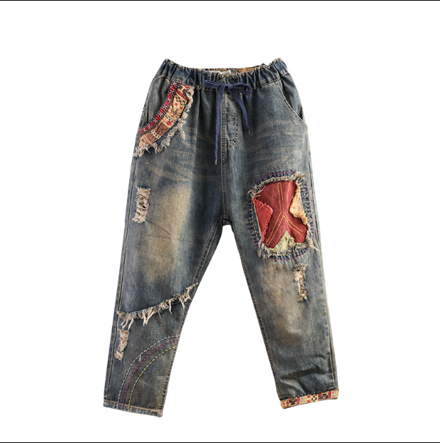 

Blue, Gray With Embroidery Harlan Elastic Waist Big Yards Long Leisure Trousers