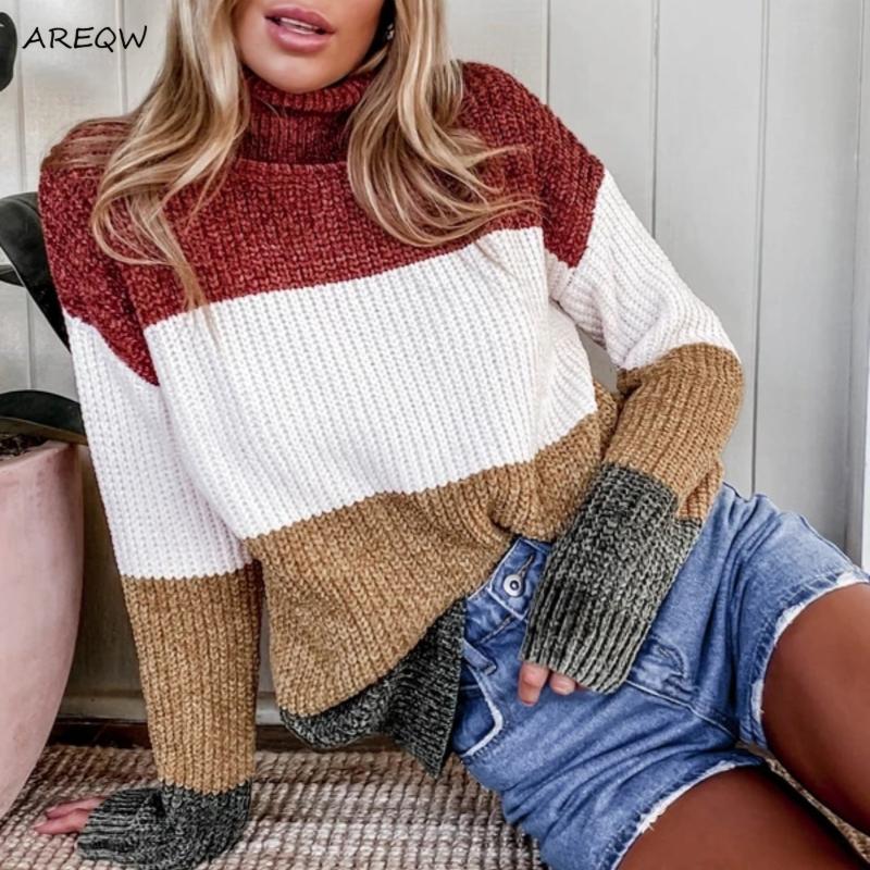 

AREQW 2020 Autumn Winter New Women's Casual Stitching Striped Long-Sleeve Knitwear Turtleneck PULLOVER Women Winter Clothes, As photo