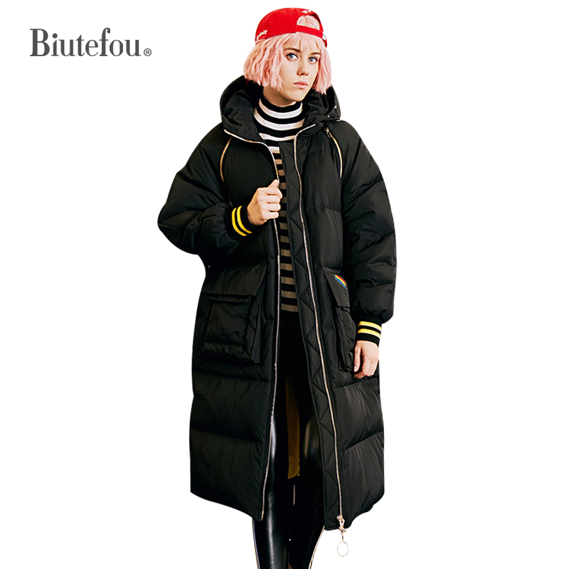 

2018 Biutefou brand winter thick down coats women fashion embroidery sleeves detachable warm hooded down coats, Black