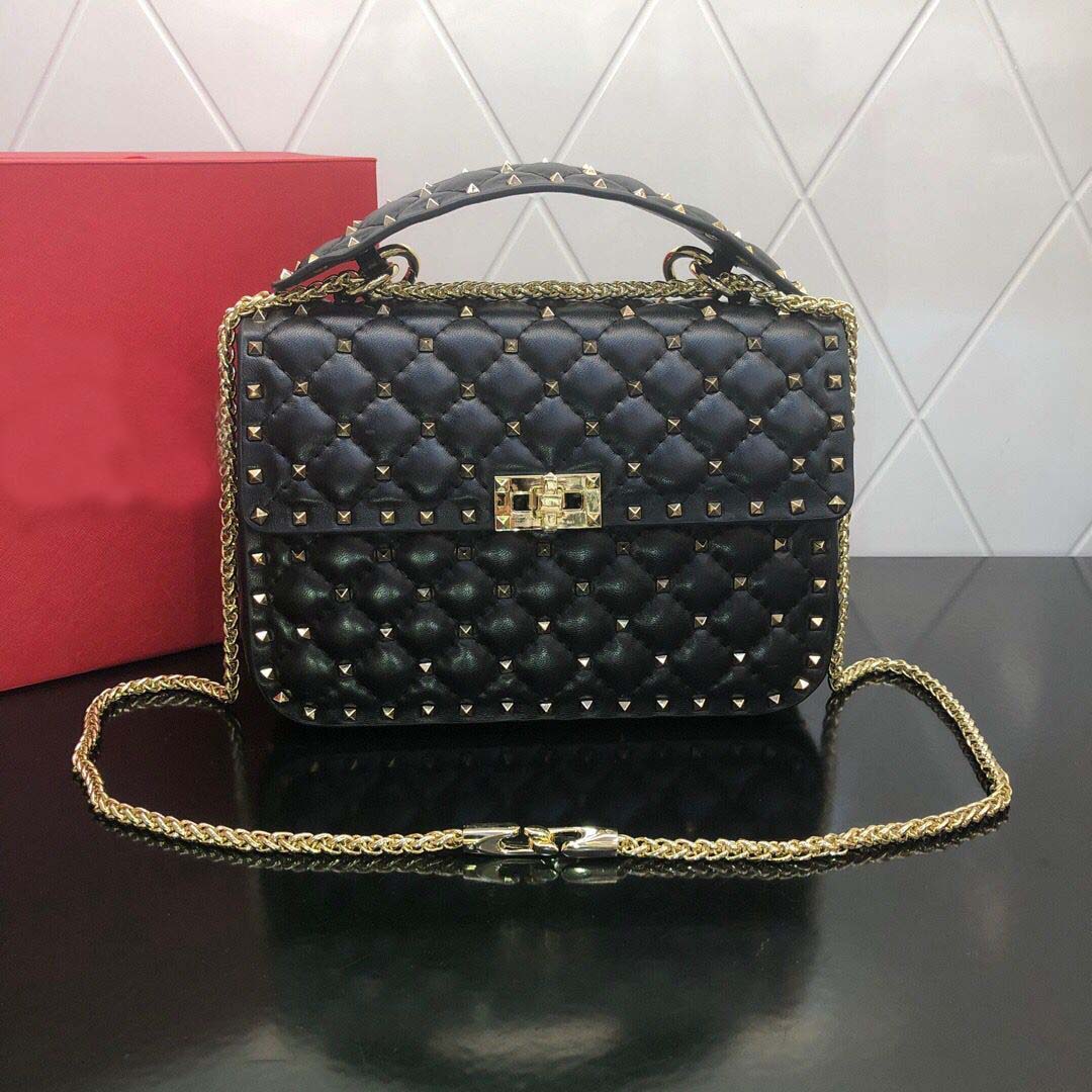 

Classical designer handbags high quality women shoulder rivet handbag purse nice handbag purse chain bag clutch fanny bag, Black