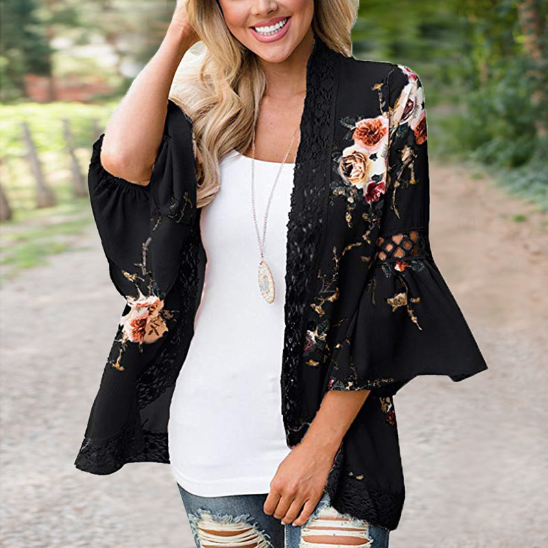 

Spring Summer Casual Women Coat Jacket Long Sleeve Lace Open Stitch Coat Printed Plus Size Women Clothes Black White Tops, 3-0542 white