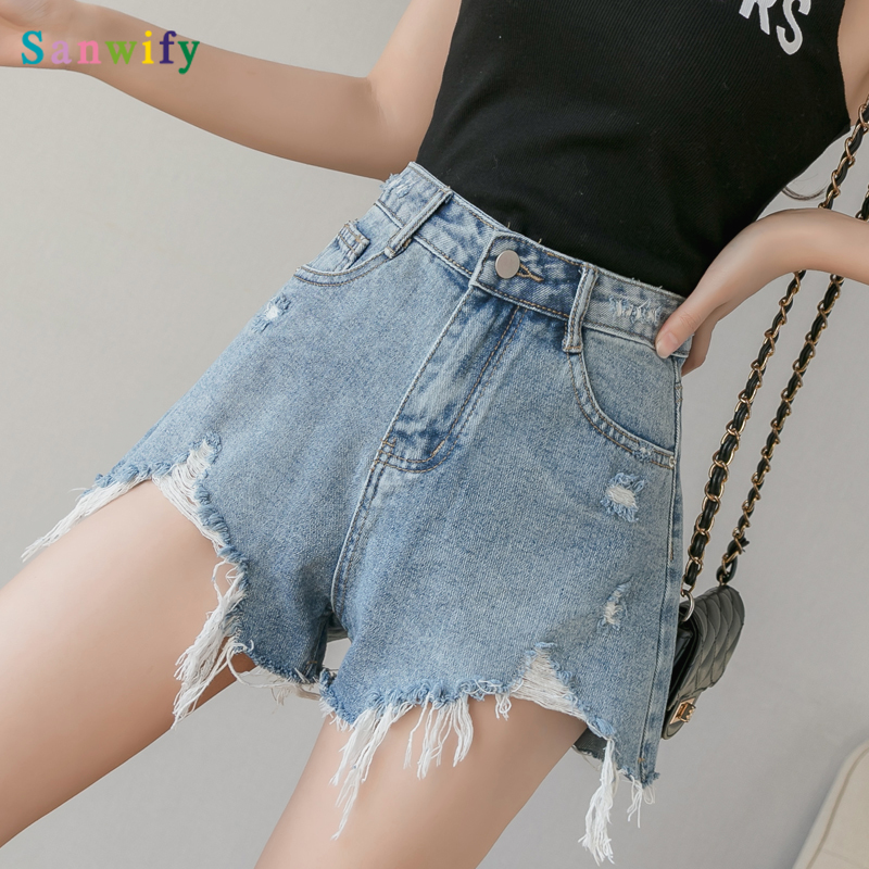 

Shorts Clothes Ripped High Waisted 2020 Summer Streetwear Baggy Wide Leg Vintage Fashion New Blue Pants