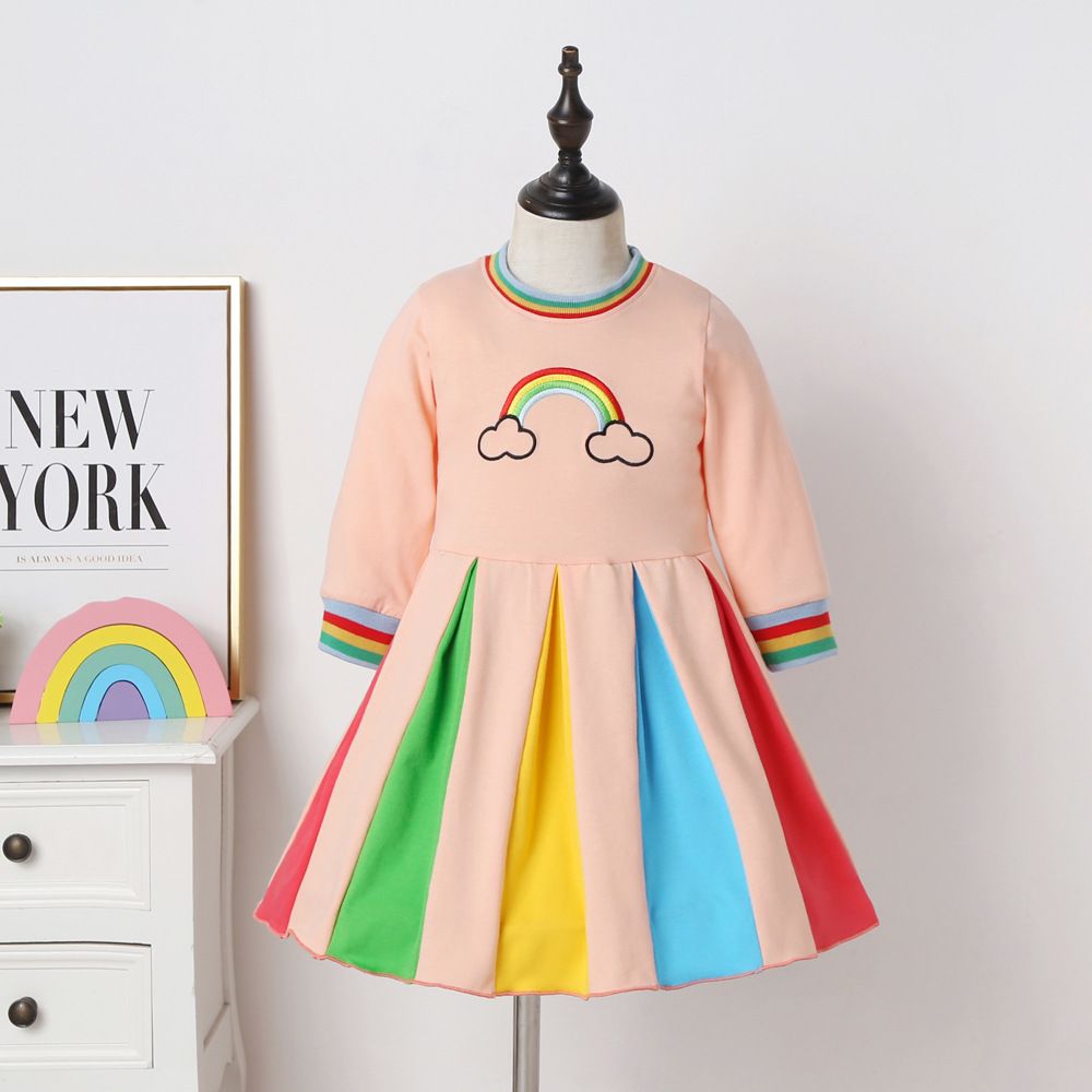 

New Baby Girl Clothing Dress Fashion Long Sleeve Boat Collar Rainbow Print Ruffles Design Spring Fall Princess Girl dress, As photo