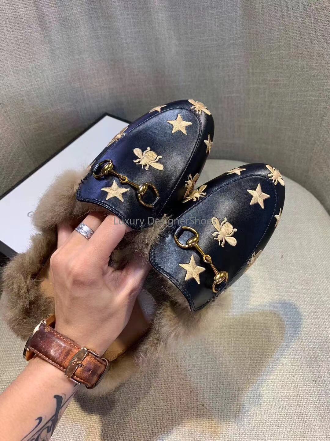 

Hot Sale-n Le Fu slippers slippers 2019ss new European hair really stand half wool slippers horsebit The Horsebit Scuffs, Color 4