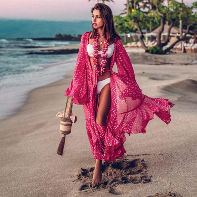 

Polka Dot Print Chiffon Cover Up Women Casual Ruffles Beach Dress Holiday Long Kaftan Beachwear Summer Shirt Dress Bathing Suit