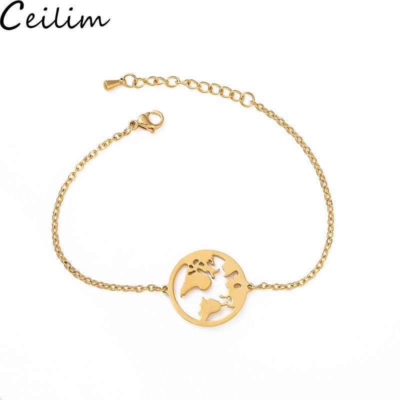 

World Map Stainless Steel Bracelets For Women Simple Adjustable Gold Silver Charm Bracelet Party Wedding Jewelry Earth Day Gifts