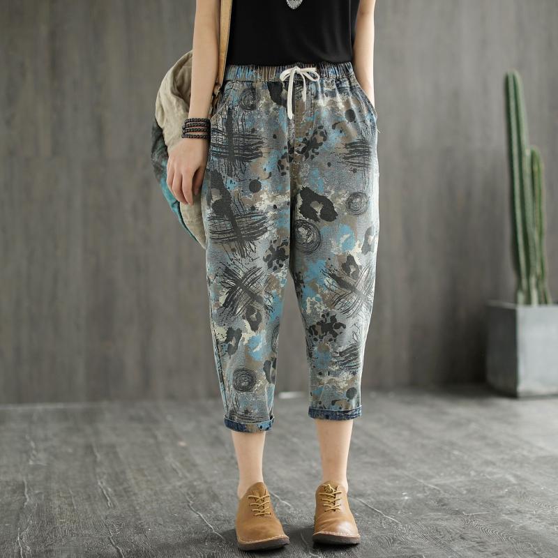 

Drawstring Women's All-match Lace-up Elastic Waist Thin Two-color Printed Cotton Denim Cropped Pants Vintage Retro Mom Jeans, Dark color