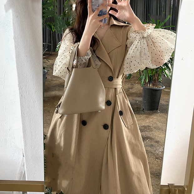 

Polka Dot Chiffon Sleeve Patchwork Woman Coat Autumn New High Fashion Women Classic Trench Coat Khaki Korean Long Women, As pic