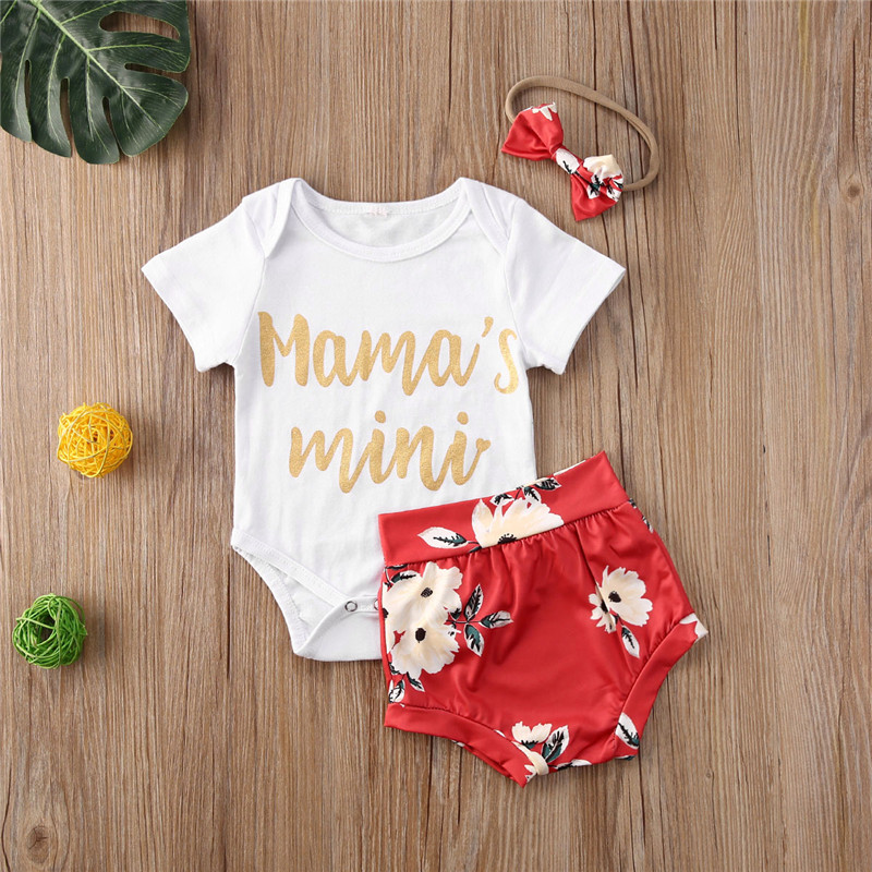 

Newborn Clothes Bbay Boy Girl Clothing Summer Outfit Short Sleeve Romper White Top + Floral Shorts + Headband Three Pieces Set, As pic