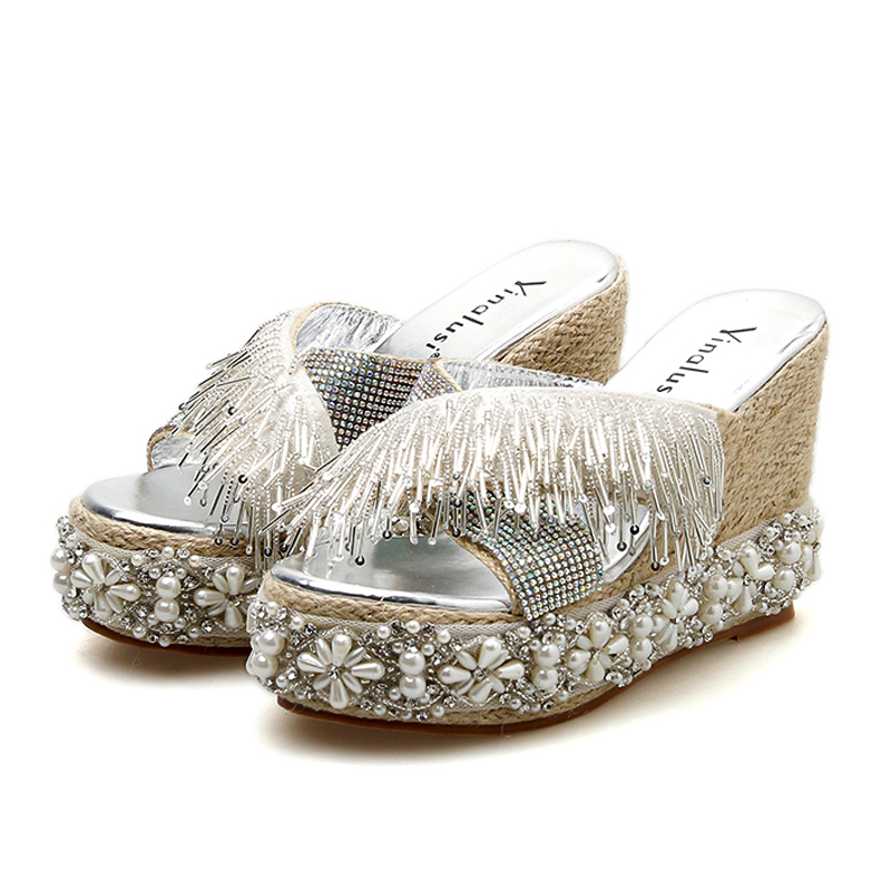 

Vintage pearl rhinestone parquet lace hand-sewn tassel sequined wedge heeled woven slippers, Gold