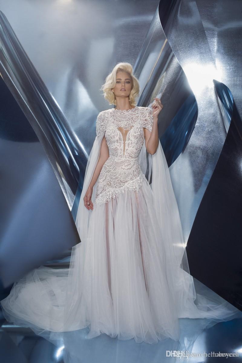 

Dany Mizrachi 2019 Beach Mermaid Wedding Dresses Cheap With Cape Spaghetti Neck Bridal Gowns Boho Lace Appliqued Beads Vestidos De Noiva, Ivory