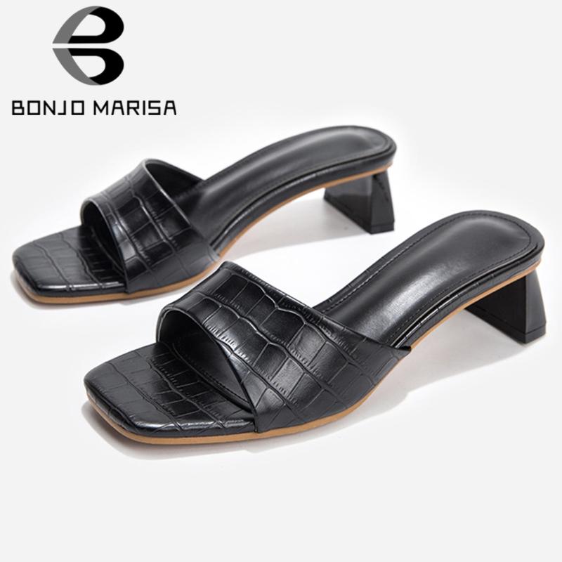 

BONJOMARISA Ladies Summer Elegant Concise Slides Casual Daily slip-on Slippers Women Comfort Med Heels Shoes Woman, Black