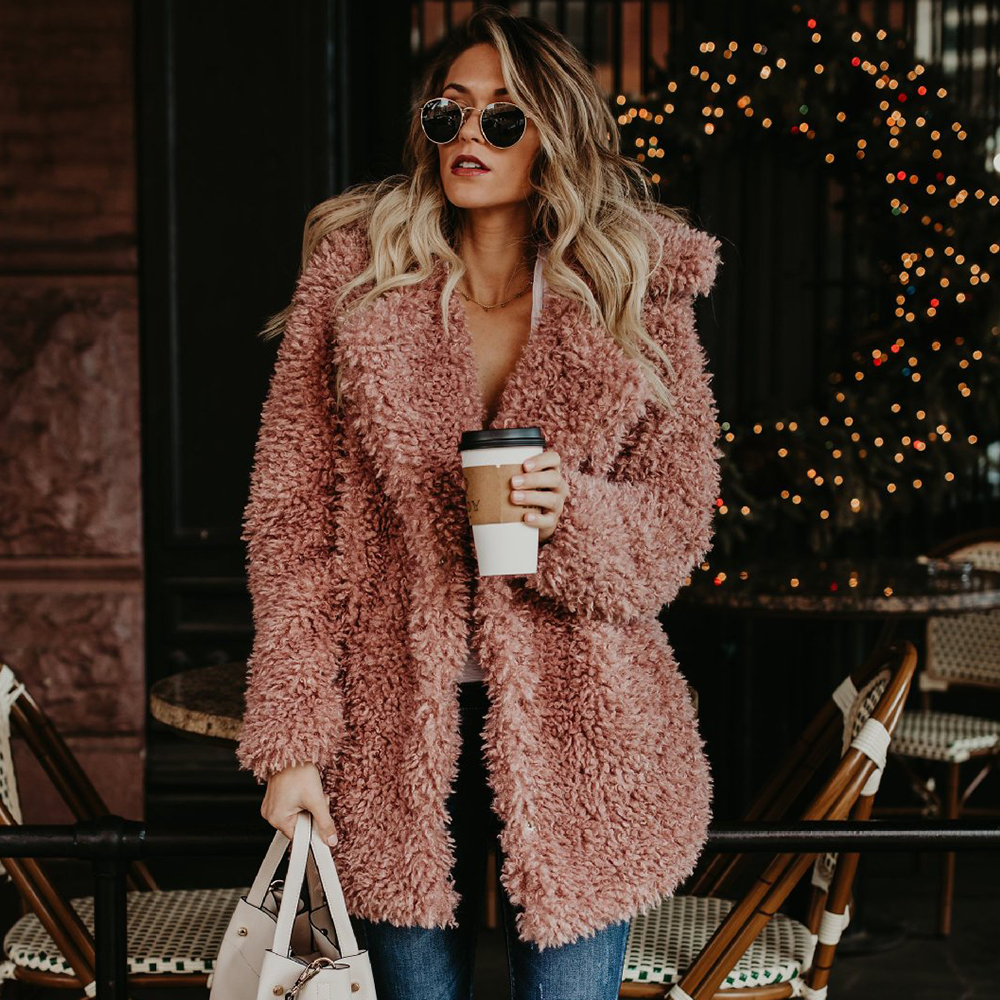 

Women Winter Plus Size Faux Fur Coat Bomber Jacket Trench Wool Teddy Coat Pink Overcoat Long Sleeve Vintage Outwear Mujer, Black