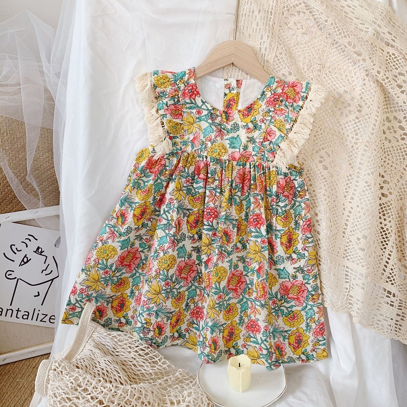 

Girls' summer clothes children's baby floral little flying sleeve pleated skirt two piece suit girls' clothing 2-6 years old, As picture