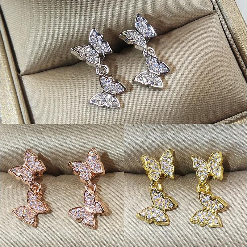 

2019 New Arrival Luxury Jewelry 925 Sterling Silver&Rose Gold Fill Pave 5A White Clear Cubic Zirconia Butterfly Women Earring for Lovers