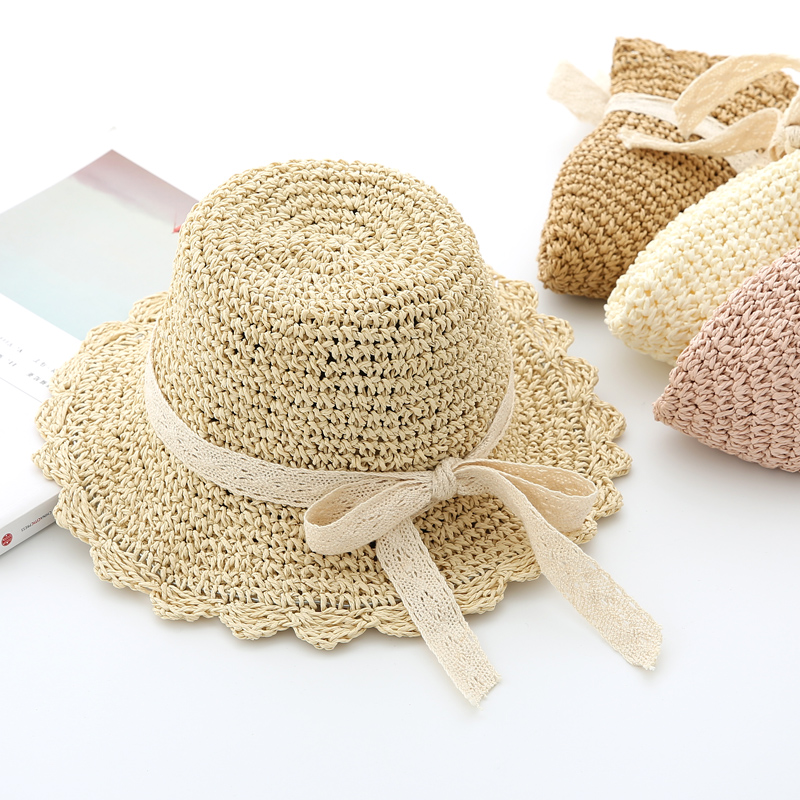 

Girls summer straw hats handmade sunshade hats baby hollow fisherman princess lace sunscreen beach, Pink
