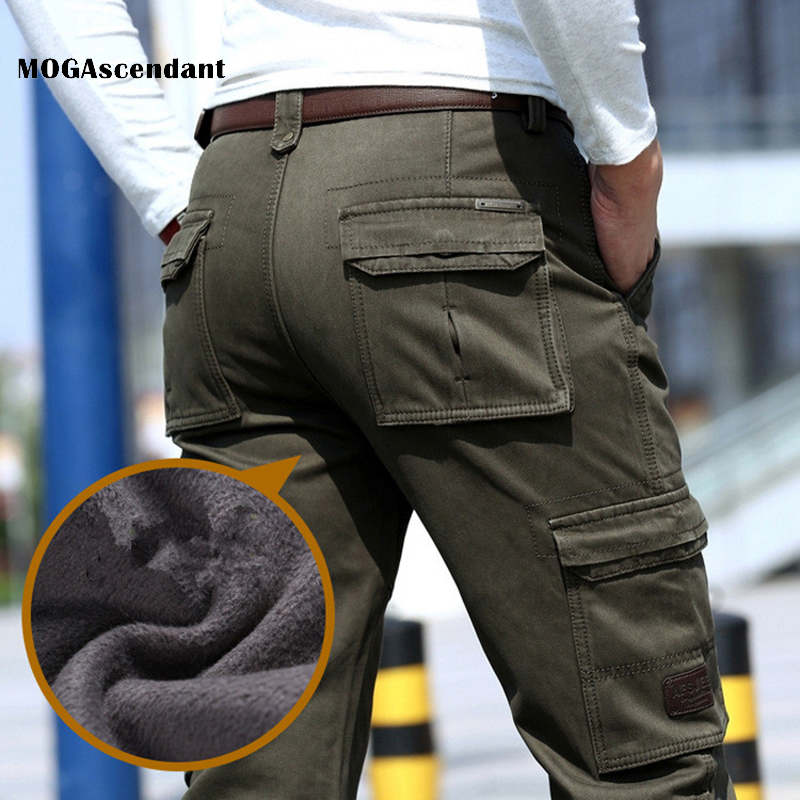 

Winter Thick Fleece Warm Cargo Pants Men's Casual Loose Multi-pocket Pants Male Overalls Cotton Loose Long Trousers, Black