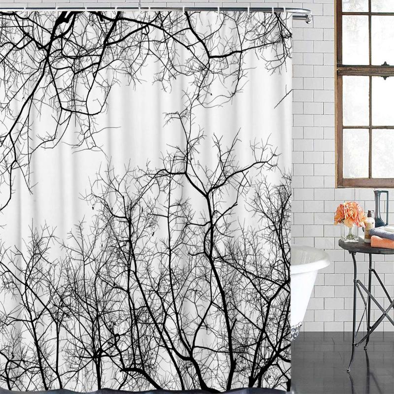 

Fabric Shower Curtain Black White Branches Shower Curtains Waterproof Polyester Bathroom Curtain &12 Hooks