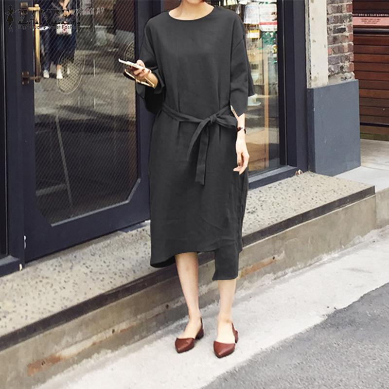

ZANZEA Women Irregular Hem Dress O neck Short Sleeve Lace Up Casual Solid Sundress Elegant Office Cotton Mid Calf Female Vestido, Black