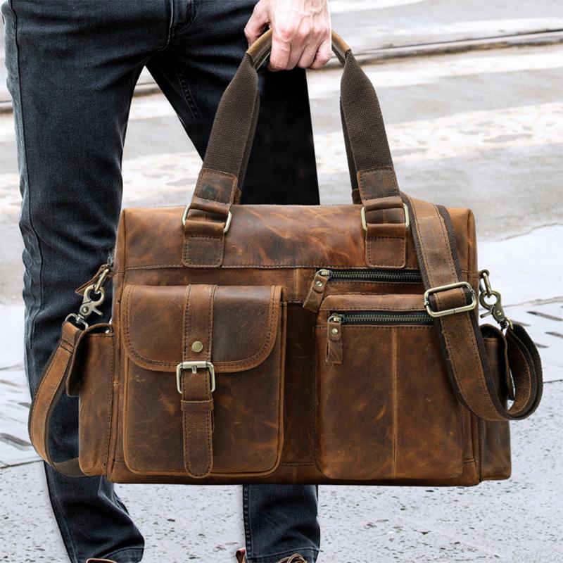 

Retro travel bag large capacity cowhide shoulder bag horizontal section outdoor business travel luggage, Brown