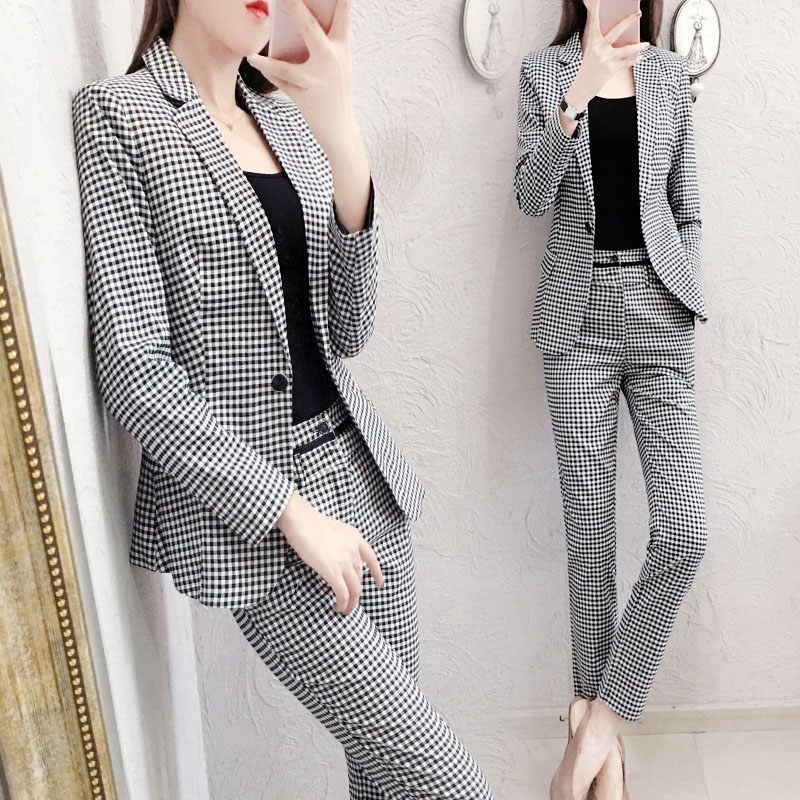 

Plaid 2 Piece Set Women Office Work Year-old Female Costume Ensemble Femme Survetement Conjunto Feminino Woman Suit, Gray