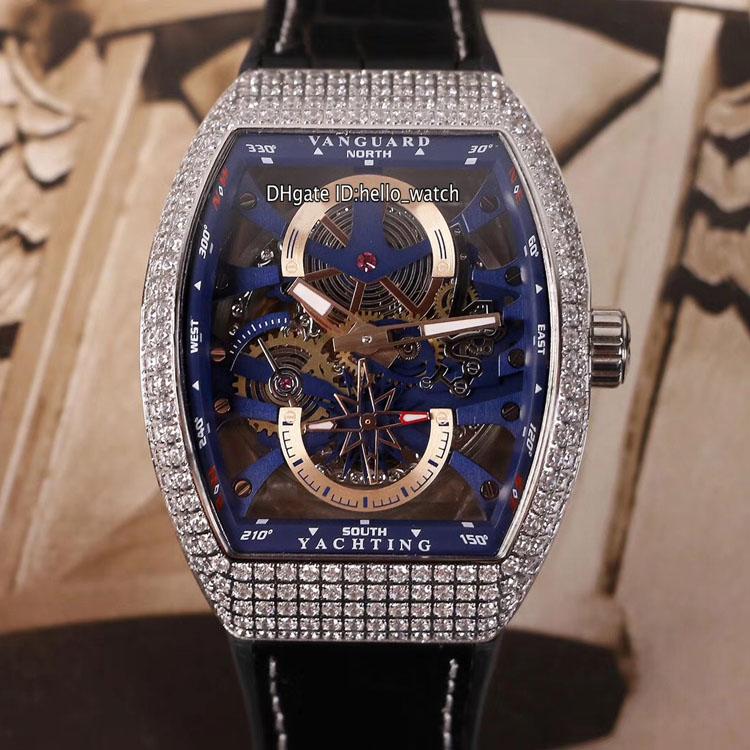 

New Vanguard YachTing V45 S6 Blue Skeleton Dial Automatic Mens Watch Silver Case Diamond Bezel Leather/Rubber Sport Watches hello_watch, F-e17b (6)