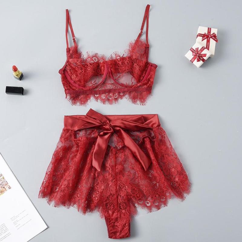 

Lingerie Sexy Bra Set Women Red Lace Bra and Panty Patchwork Bow Sexy Lingerie Underwear Sleepwear Brief Sets Lenceria B4