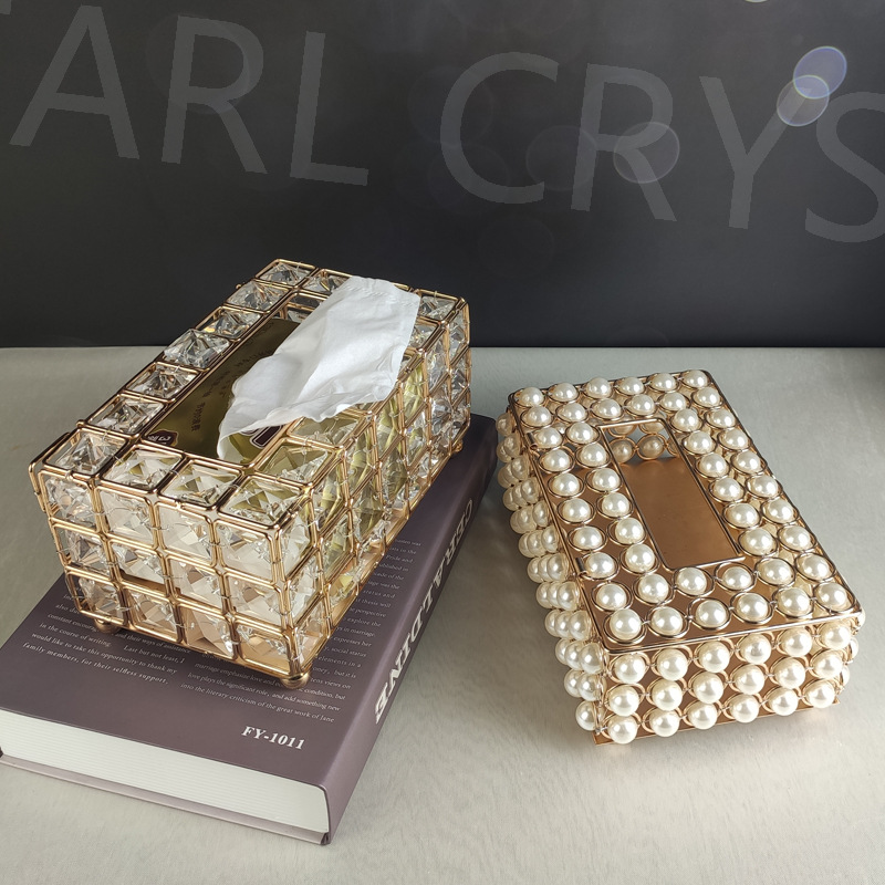 

Crystal Pearl Metal Tissue Box Restaurant Paper Towel Dispenser Wipe Case Wedding Decor Square Car Tissue Holder Napkins Holder