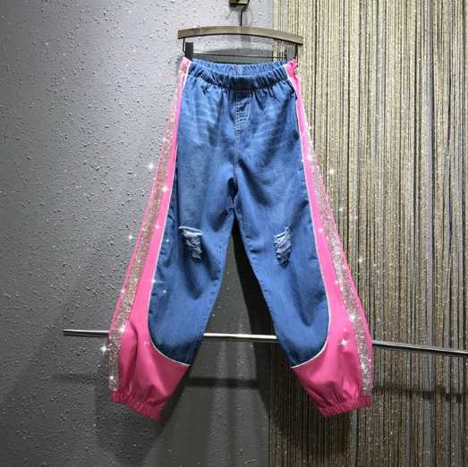 

European Style Loose Jeans for Women Summer Autumn New Rhinestones Side Color Elastic Loose Harun Beam Foot Jeans Female Pants, Light blue