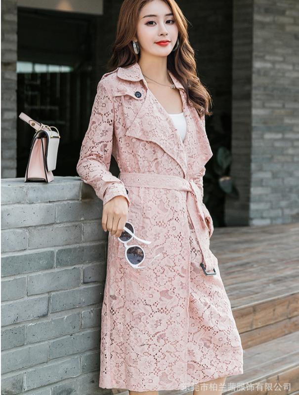 

2020 Spring Summer Women Trench Coat Waist Slimming Lace Hollow Belt Elegant Long Coat F888, Sky blue