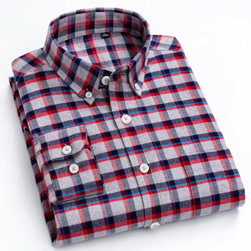 

Men's Casual Shirts Fashion Shirt Lapel Long Sleeve Scrub Thickened Plaid Print Top Slim Cotton, Beige