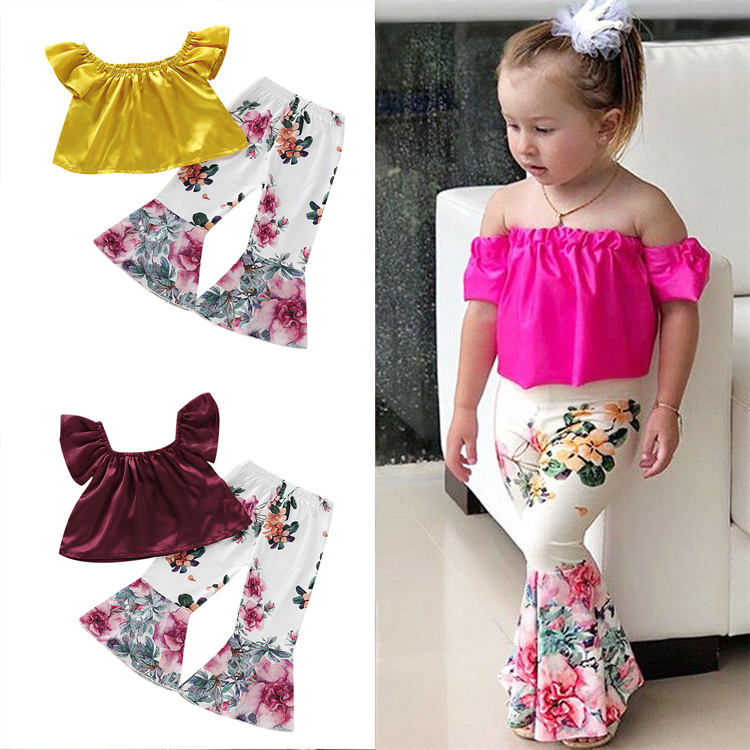 

3 colors kids clothes princess children clothing set Off Shoulder Tops+Floral Pants Leggings 2Pcs kids designer clothes girls DHL JY310, Mixed colors