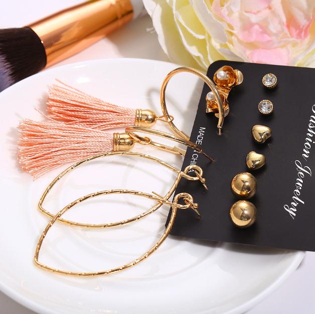 

Wholesale-of European and American new earrings Earrings Love flower circle tassel earrings 6 pairs of suits