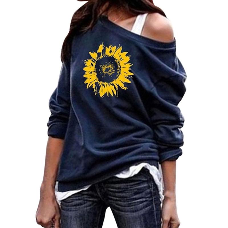 

Fashion Sunflower Pattern Sweatshirt Women Loose Slash Neck Casual Tops Hoodies Long Sleeve Autumn Navy Pullovers Plus Size 5XL, Black