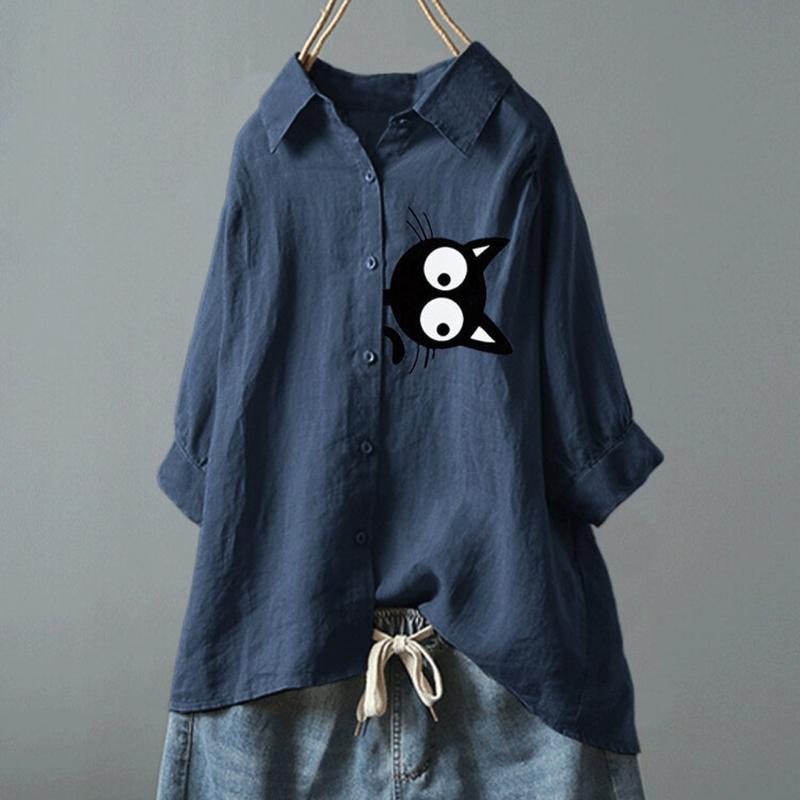 

CHAMSGEND Cotton Shirts Blouse 2020 Summer Vintage Cat Print Tops And Blouses Women Turn-Down Collar Button Half Sleeve F73, Wh