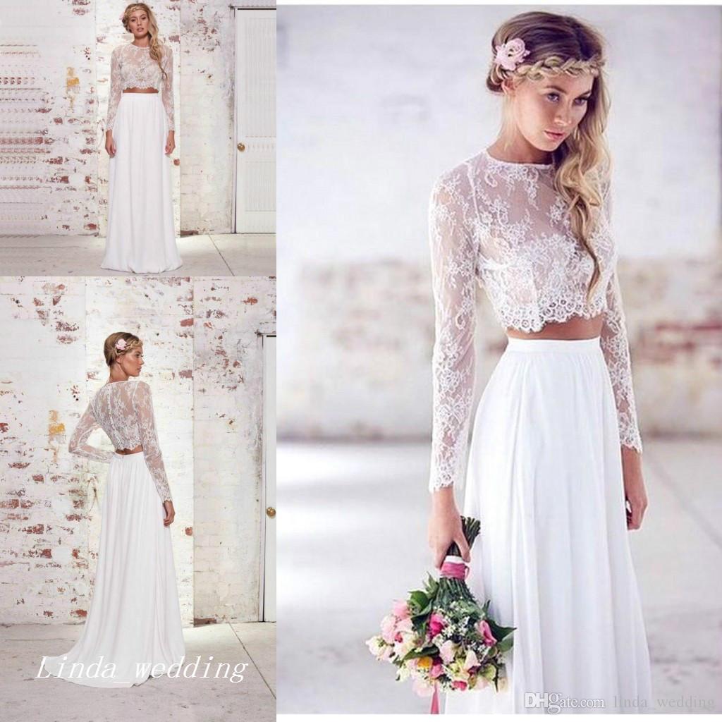 

2019 Cheap 2 Piece White Boho Wedding Dress High Quality Chiffon Lace Summer Beach Bohemian Long Sleeves Bridal Party Gowns Plus Size, Gold