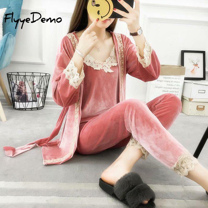 

5XL Brand Autumn Female Three Pieces Pajamas Sets Velvet Lace Patchwork Floral Velvet High Quality Nighties Bathrobe Plus Size, Pink