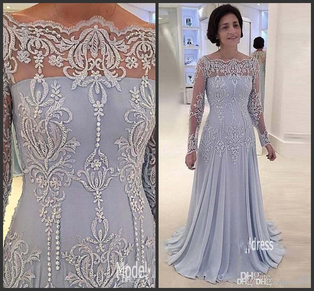 

2019 Long Sleeves Formal Mother Of The Bride Dresses Off Shoulder Appliques Lace Pearls Mother Dress Evening Gowns Plus Size Customized