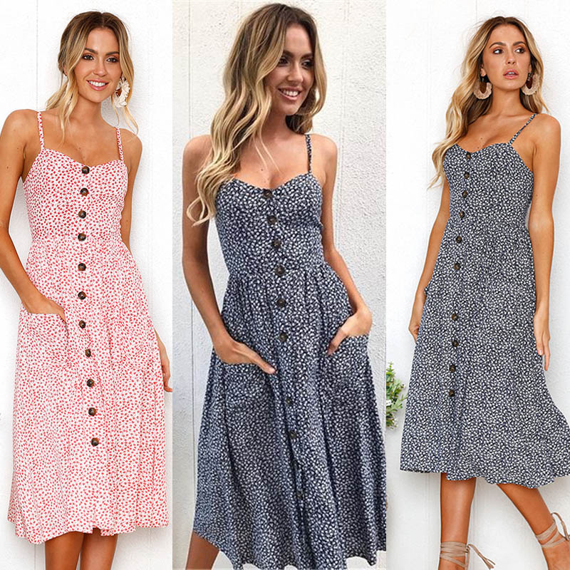 

Spring Summer Sexy Party Boho Sundress Women Dress Casual Back less Midi Button Polka Dot Striped Floral Beach, As pic