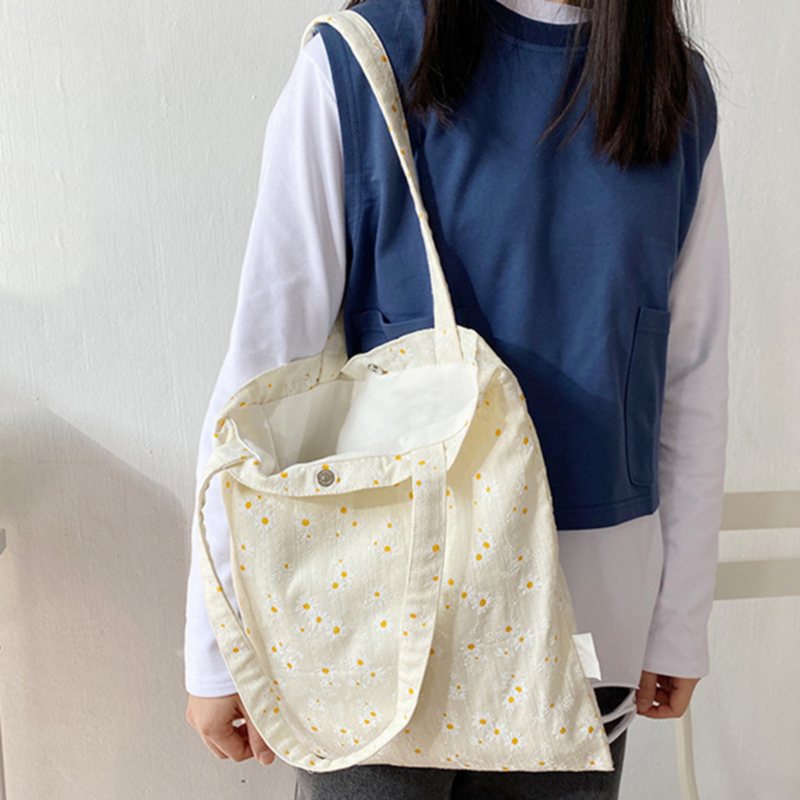 

Women Canvas Shoulder Bag Daisy Print Cloth Designe Retro Handbag Shopping Tote Environmental Bags, White
