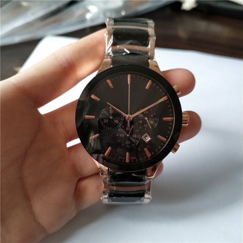 

2015 new fashion rose gold and ceramic quartz stopwatch top Sell Male chronograph watches Business Style watch 017, Silver and black