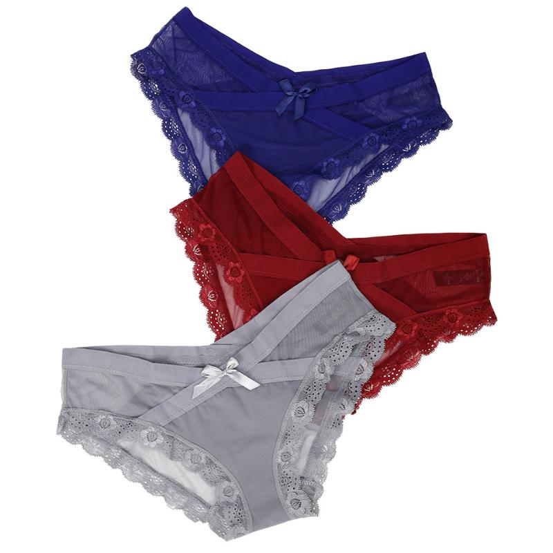 

3Pcs/Lot Lace Women Panties Sexy Bow Cross-Belt Underwear Transparent Breathable Low Rise Briefs For Ladies Female High Quality, Pink-white-khaki