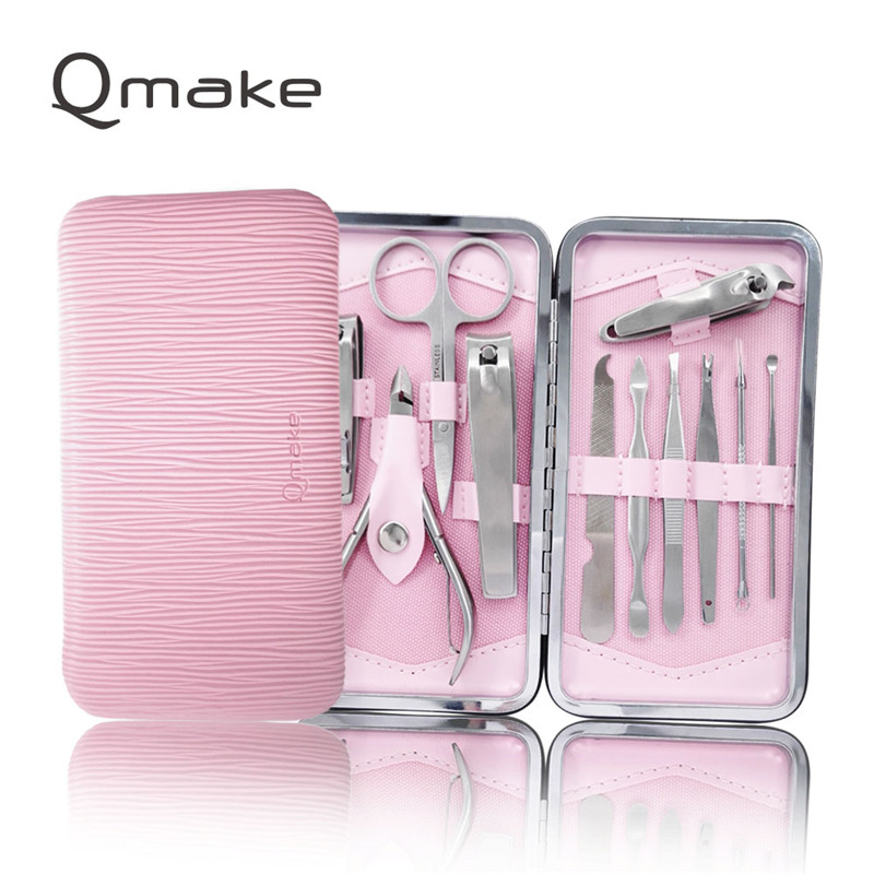 

Qmake 11 PCS set of Nail Manicure Tools Nails toe Clipper Scissors Tweezer pedicure kit professional quality Case for travel