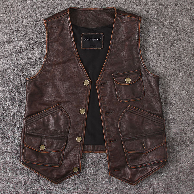 

Men' Real Leather Vest Vintage Genuine Leather Cowhide Sleeveless Jackets Biker Vest Casual Waistcoat High Quality, Brown